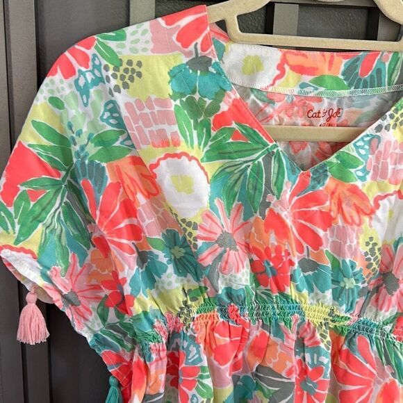 Cat & Jack bright floral peach orange green bathing suit cover up tassel top siz - Picture 4 of 5